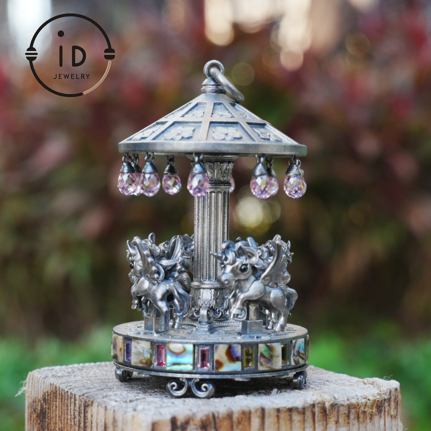 Unique Carousel Figurine in 925 Silver, with Abalone & Pink Crystal, Oxidized, Fairytale Decor, Handmade, Collectible Gift Idea