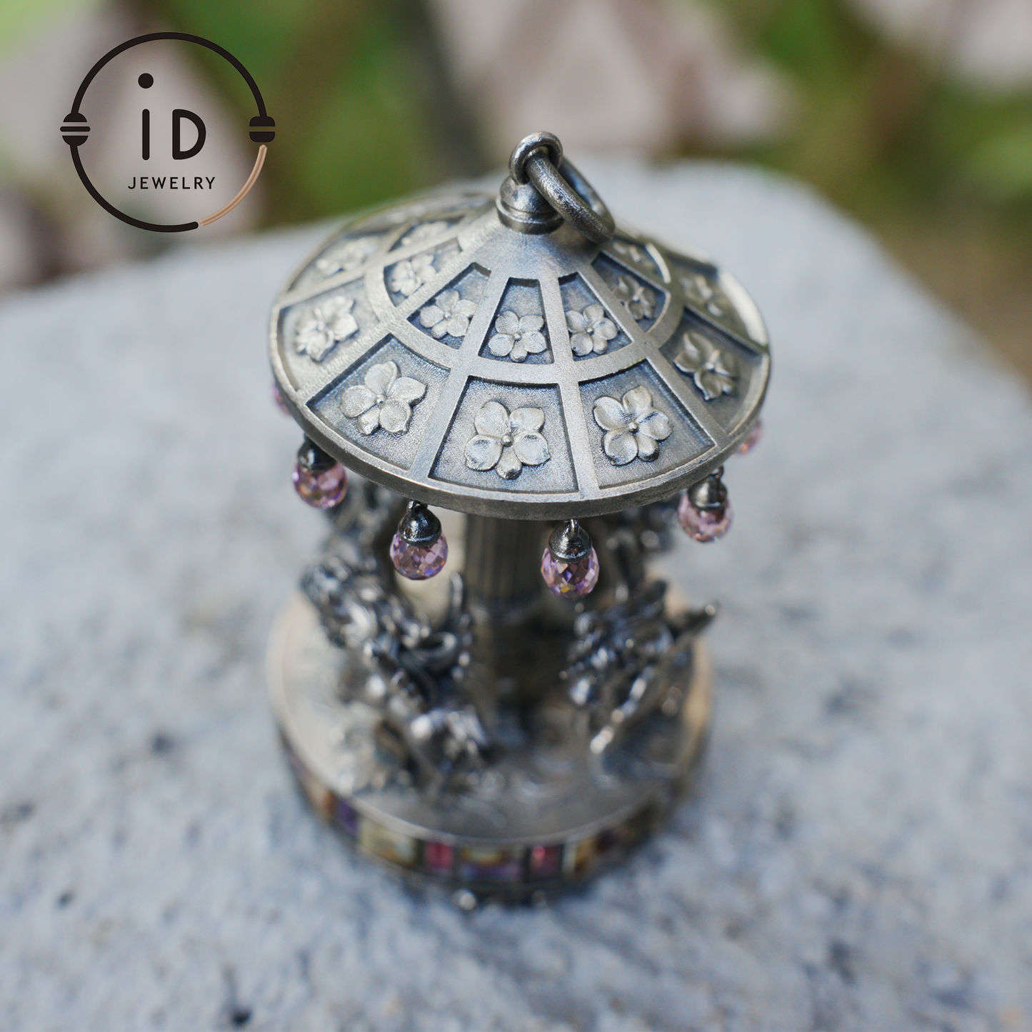 Unique Carousel Figurine in 925 Silver, with Abalone & Pink Crystal, Oxidized, Fairytale Decor, Handmade, Collectible Gift Idea