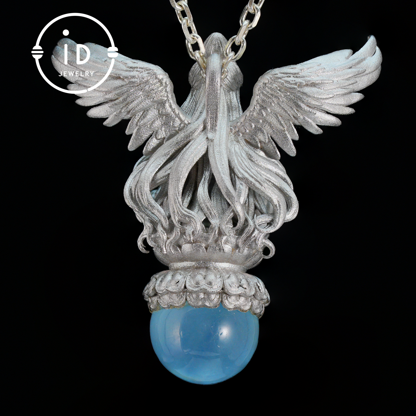 Silver pendant with figure wing design aquamarine amulet oxidized 925 jewelry gothic fairy style necklace gift for her spiritual vintage