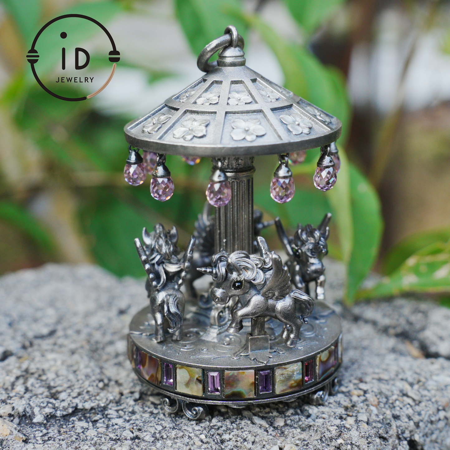 Unique Carousel Figurine in 925 Silver, with Abalone & Pink Crystal, Oxidized, Fairytale Decor, Handmade, Collectible Gift Idea
