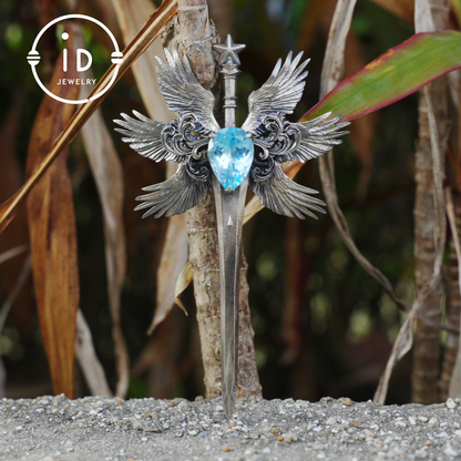 Handmade brooch & pendant with Swiss Blue Topaz, sword-wing design, oxidized 925 silver, gothic style, gift for her
