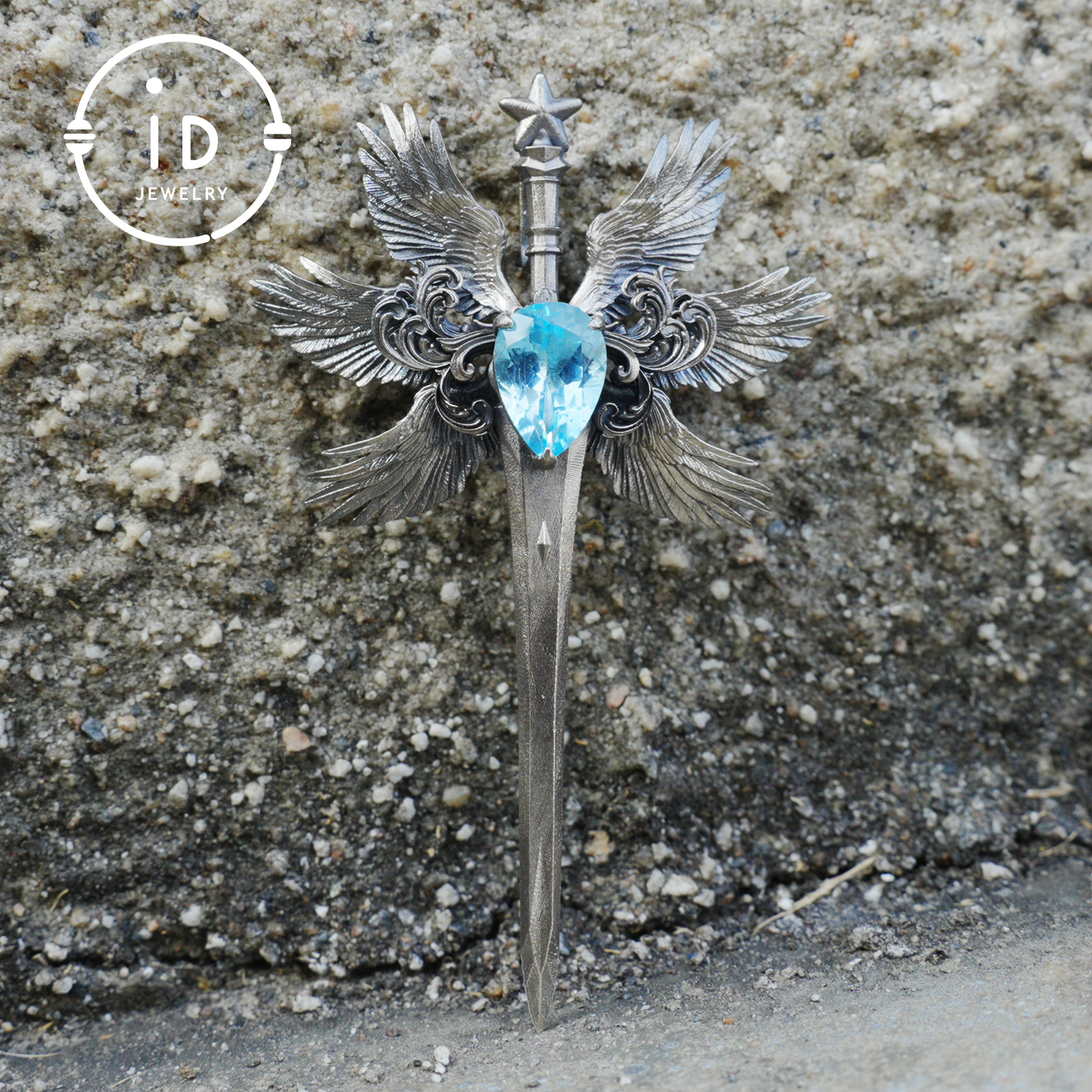 Handmade brooch & pendant with Swiss Blue Topaz, sword-wing design, oxidized 925 silver, gothic style, gift for her