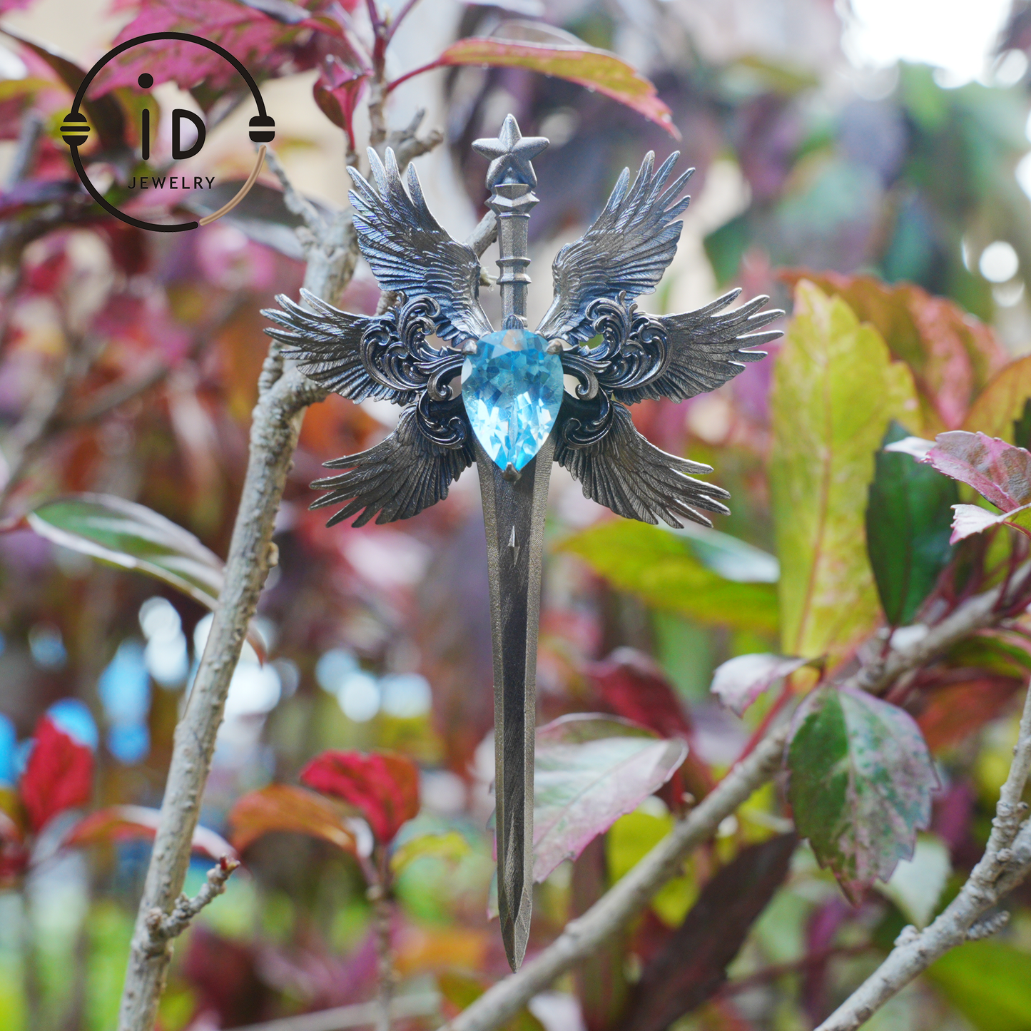 Handmade brooch & pendant with Swiss Blue Topaz, sword-wing design, oxidized 925 silver, gothic style, gift for her