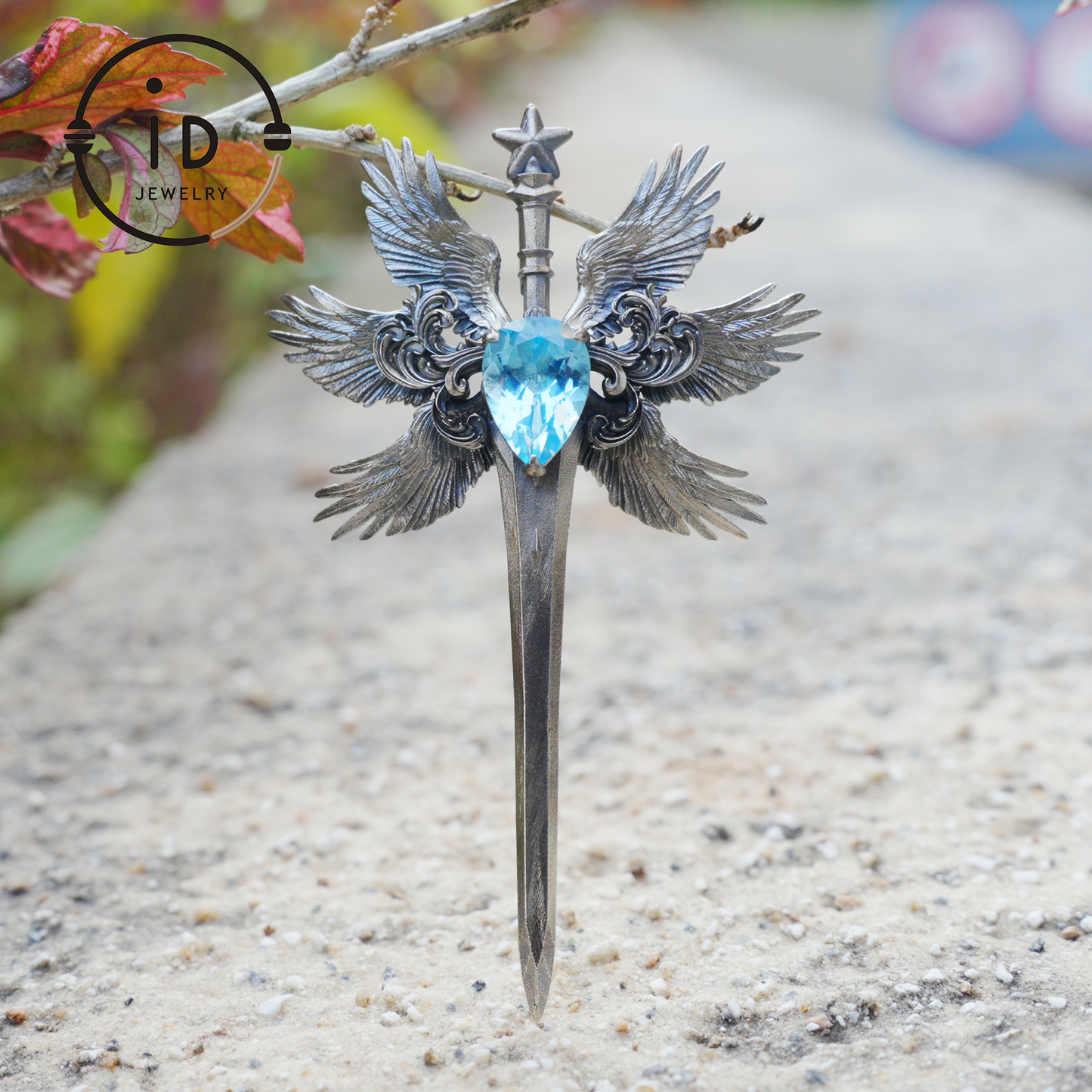 Handmade brooch & pendant with Swiss Blue Topaz, sword-wing design, oxidized 925 silver, gothic style, gift for her