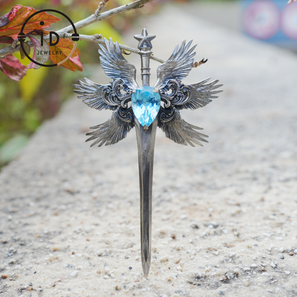 Handmade brooch & pendant with Swiss Blue Topaz, sword-wing design, oxidized 925 silver, gothic style, gift for her