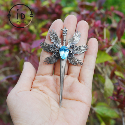 Handmade brooch & pendant with Swiss Blue Topaz, sword-wing design, oxidized 925 silver, gothic style, gift for her