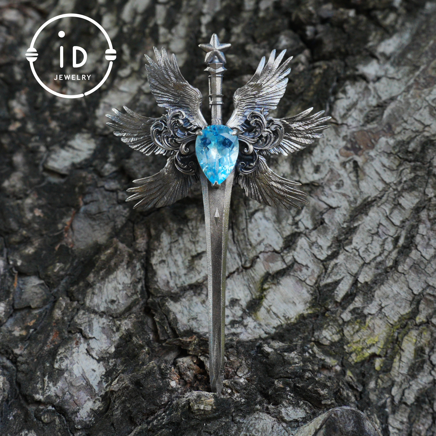 Handmade brooch & pendant with Swiss Blue Topaz, sword-wing design, oxidized 925 silver, gothic style, gift for her