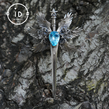 Handmade brooch & pendant with Swiss Blue Topaz, sword-wing design, oxidized 925 silver, gothic style, gift for her