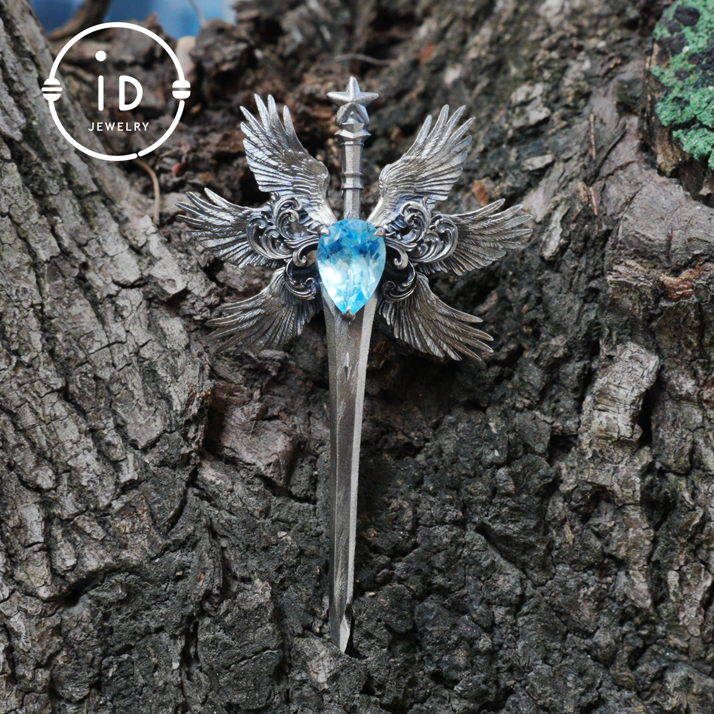 Handmade brooch & pendant with Swiss Blue Topaz, sword-wing design, oxidized 925 silver, gothic style, gift for her