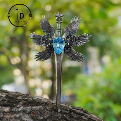 Handmade brooch & pendant with Swiss Blue Topaz, sword-wing design, oxidized 925 silver, gothic style, gift for her