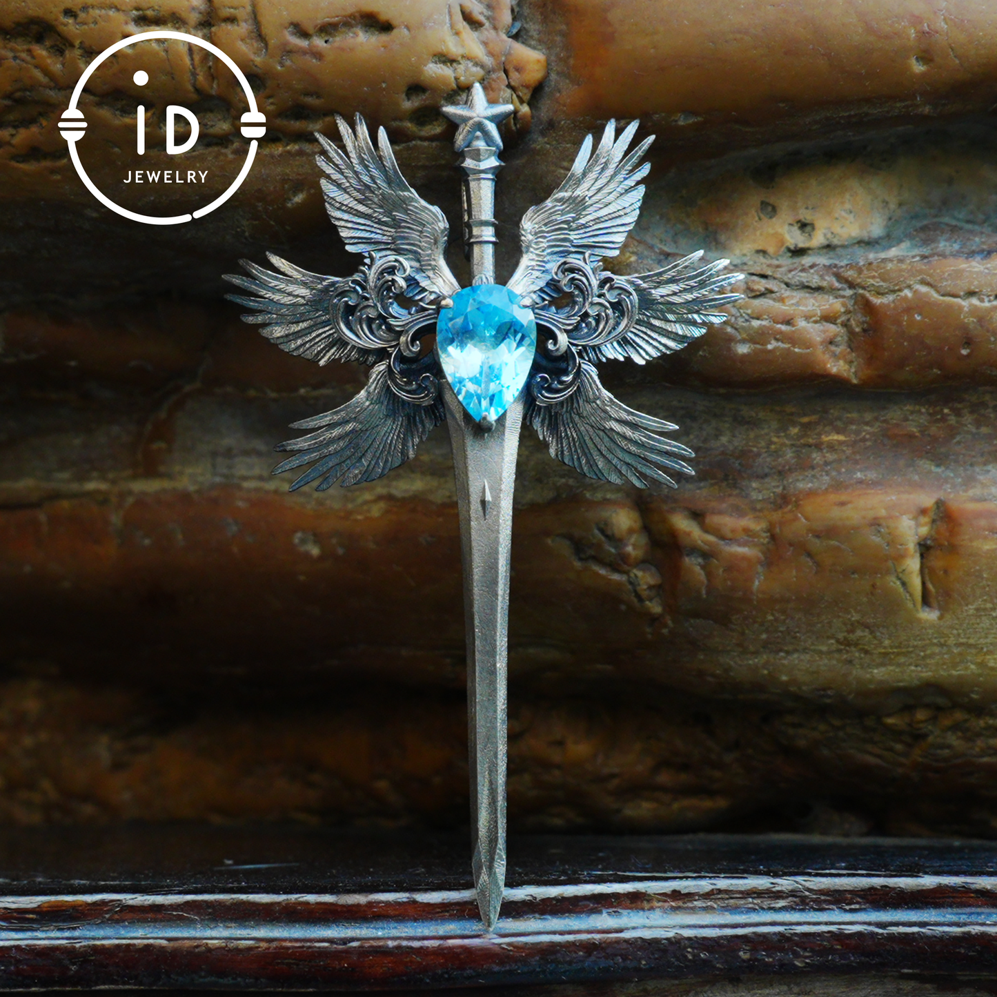 Handmade brooch & pendant with Swiss Blue Topaz, sword-wing design, oxidized 925 silver, gothic style, gift for her
