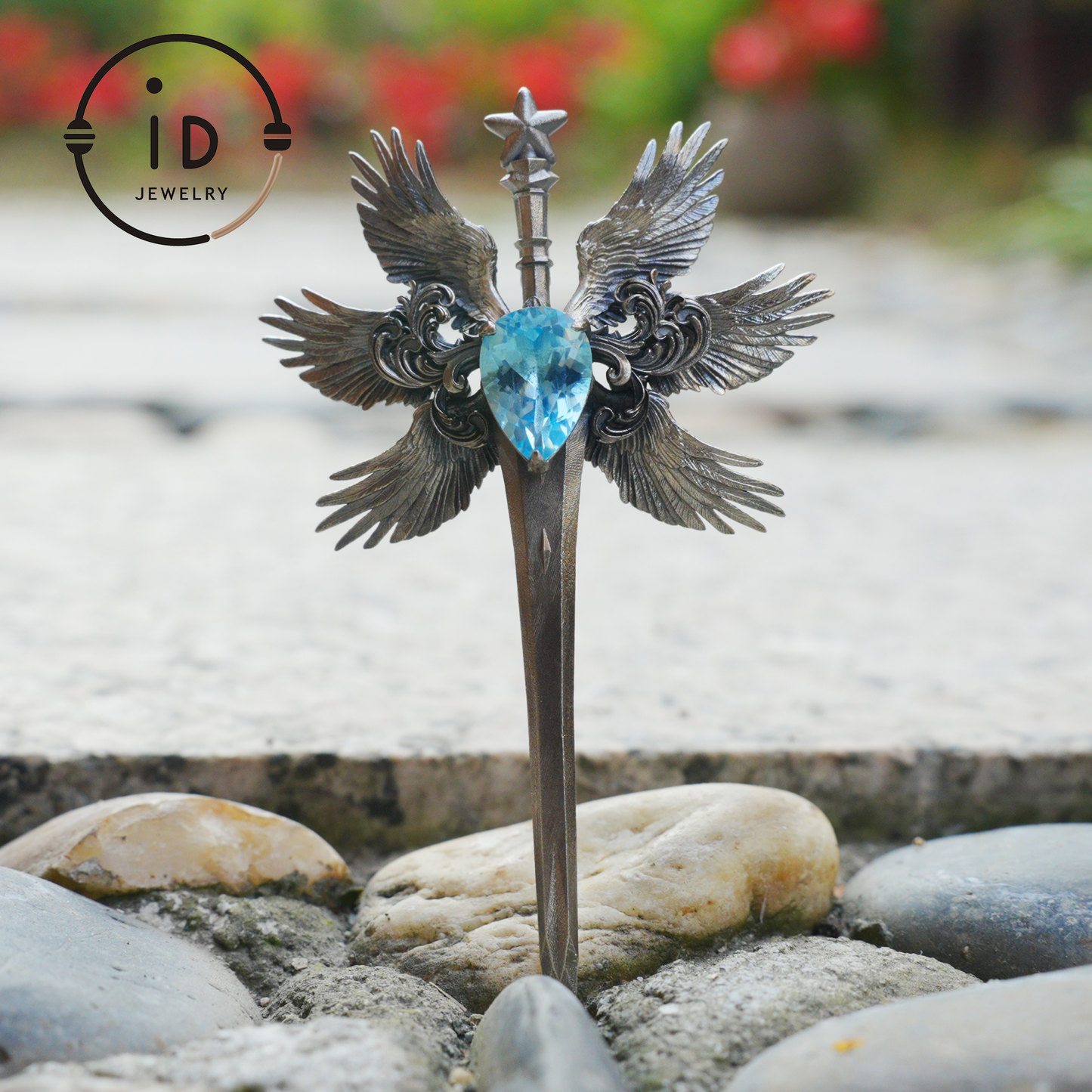 Handmade brooch & pendant with Swiss Blue Topaz, sword-wing design, oxidized 925 silver, gothic style, gift for her