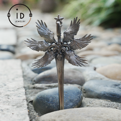 Handmade brooch & pendant with Swiss Blue Topaz, sword-wing design, oxidized 925 silver, gothic style, gift for her