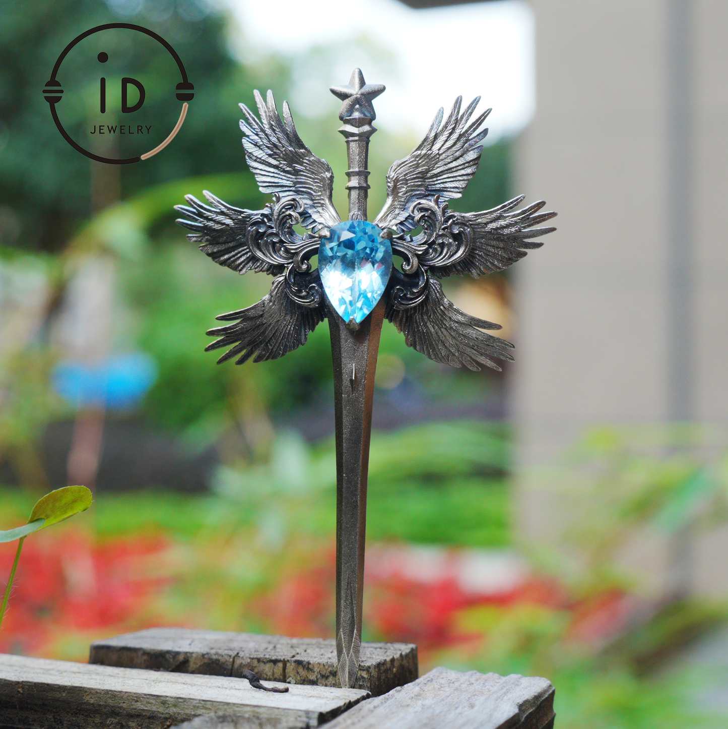 Handmade brooch & pendant with Swiss Blue Topaz, sword-wing design, oxidized 925 silver, gothic style, gift for her