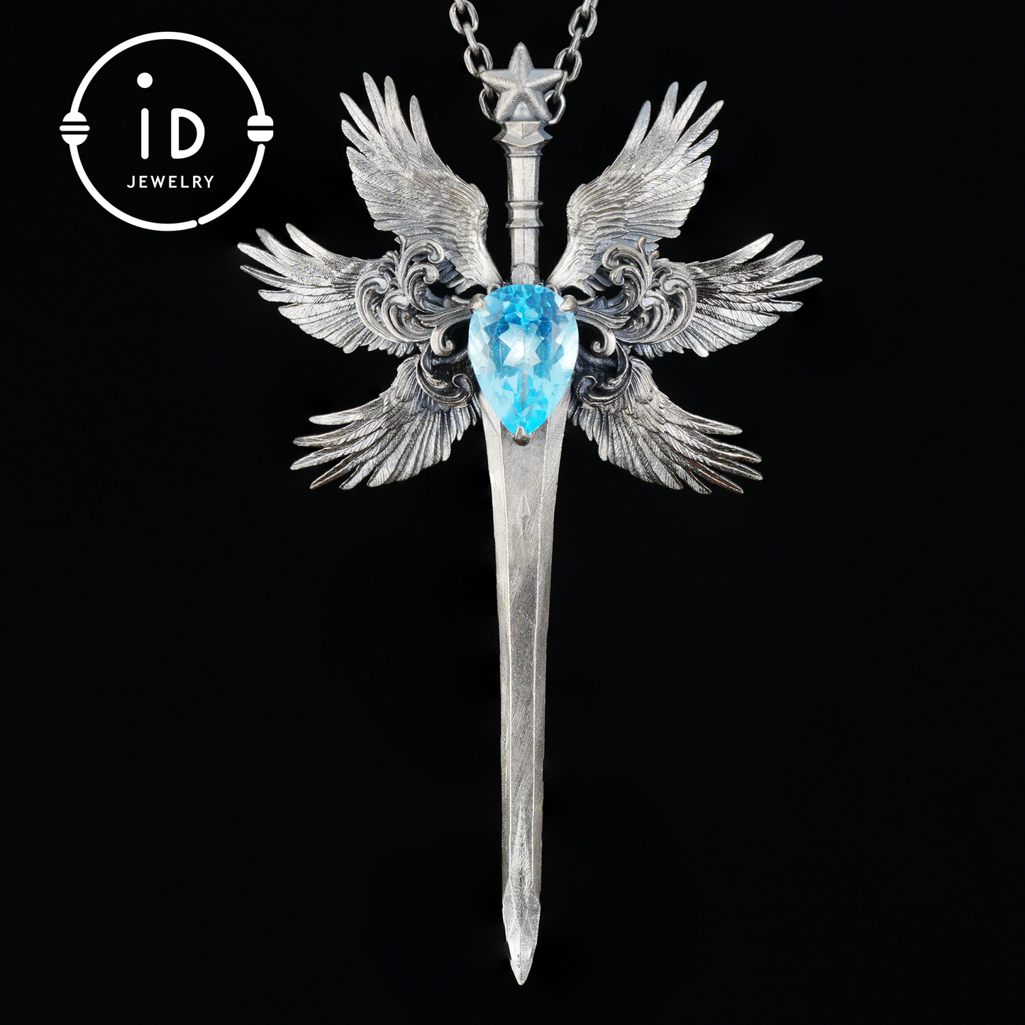 Handmade brooch & pendant with Swiss Blue Topaz, sword-wing design, oxidized 925 silver, gothic style, gift for her