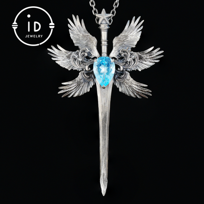 Handmade brooch & pendant with Swiss Blue Topaz, sword-wing design, oxidized 925 silver, gothic style, gift for her