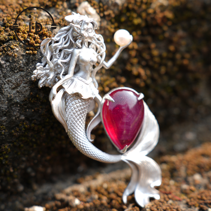 Mermaid Pendant | 925 Sterling Silver & Star Ruby | Handmade Fantasy Jewelry