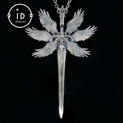 Handmade brooch & pendant with Swiss Blue Topaz, sword-wing design, oxidized 925 silver, gothic style, gift for her