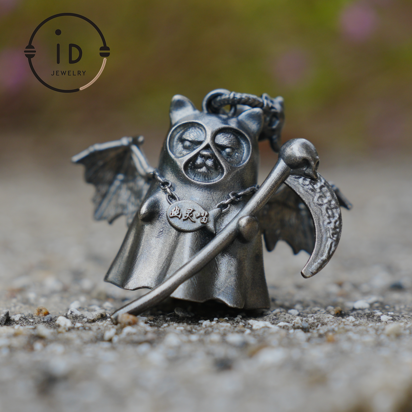 925 sterling silver pendant with winged cat figure and scythe in gothic vintage style, oxidized silver, gift for her fantasy jewelry