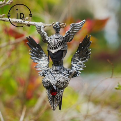 Valkyrie Pendant in 925 Sterling Silver with Ruby & Amethyst | Gothic Fantasy Totem Necklace | Handmade Mythology Jewelry for Collectors