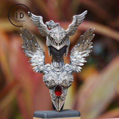 Valkyrie Pendant in 925 Sterling Silver with Ruby & Amethyst | Gothic Fantasy Totem Necklace | Handmade Mythology Jewelry for Collectors