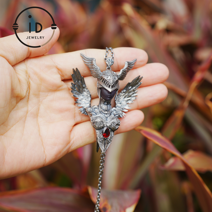 Valkyrie Pendant in 925 Sterling Silver with Ruby & Amethyst | Gothic Fantasy Totem Necklace | Handmade Mythology Jewelry for Collectors