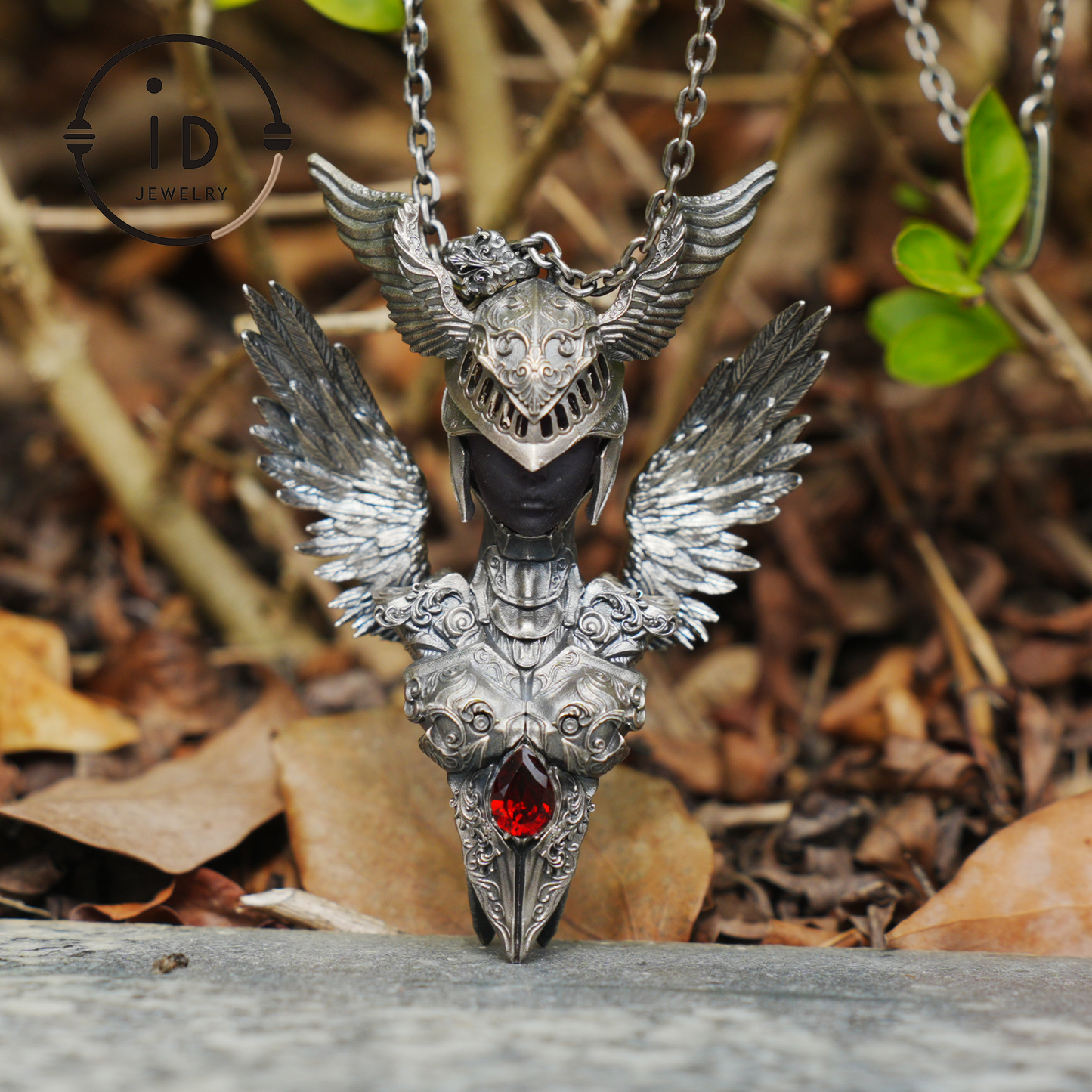 Valkyrie Pendant in 925 Sterling Silver with Ruby & Amethyst | Gothic Fantasy Totem Necklace | Handmade Mythology Jewelry for Collectors