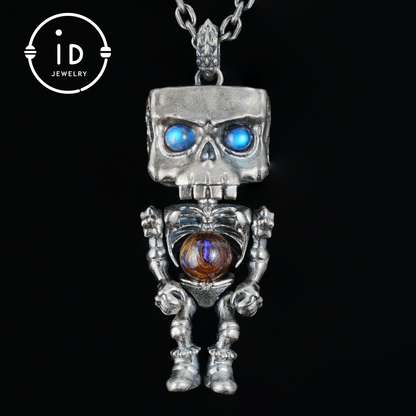 Memento Mori Skull Pendant | 925 Silver with Labradorite & Iron Opal | Gothic Talisman for Spiritual Awakening