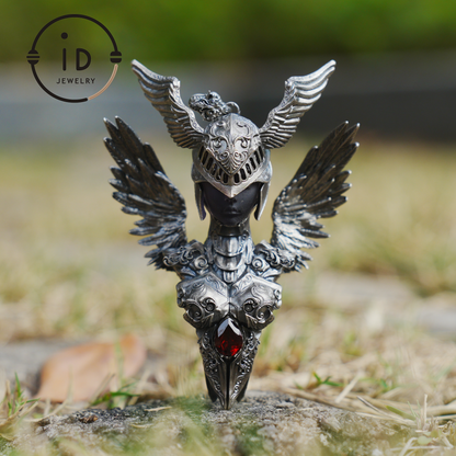 Valkyrie Pendant in 925 Sterling Silver with Ruby & Amethyst | Gothic Fantasy Totem Necklace | Handmade Mythology Jewelry for Collectors