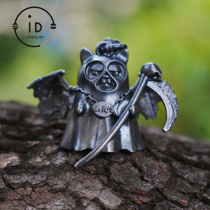 925 sterling silver pendant with winged cat figure and scythe in gothic vintage style, oxidized silver, gift for her fantasy jewelry