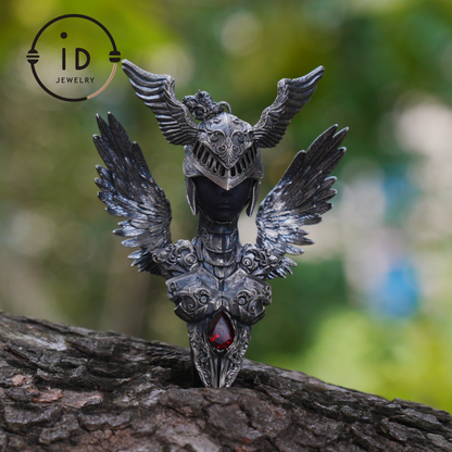 Valkyrie Pendant in 925 Sterling Silver with Ruby & Amethyst | Gothic Fantasy Totem Necklace | Handmade Mythology Jewelry for Collectors