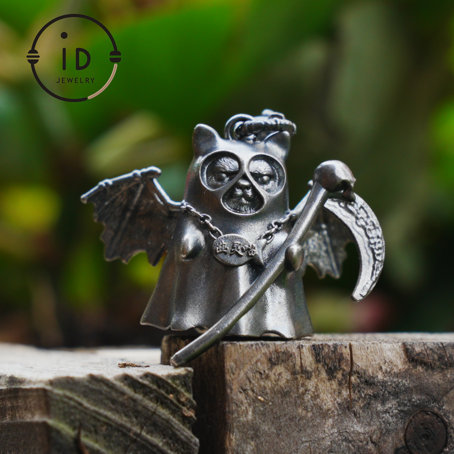 925 sterling silver pendant with winged cat figure and scythe in gothic vintage style, oxidized silver, gift for her fantasy jewelry