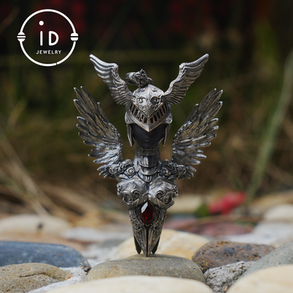 Valkyrie Pendant in 925 Sterling Silver with Ruby & Amethyst | Gothic Fantasy Totem Necklace | Handmade Mythology Jewelry for Collectors