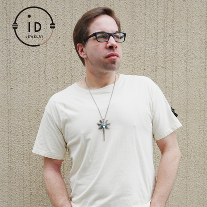 Handmade brooch & pendant with Swiss Blue Topaz, sword-wing design, oxidized 925 silver, gothic style, gift for her