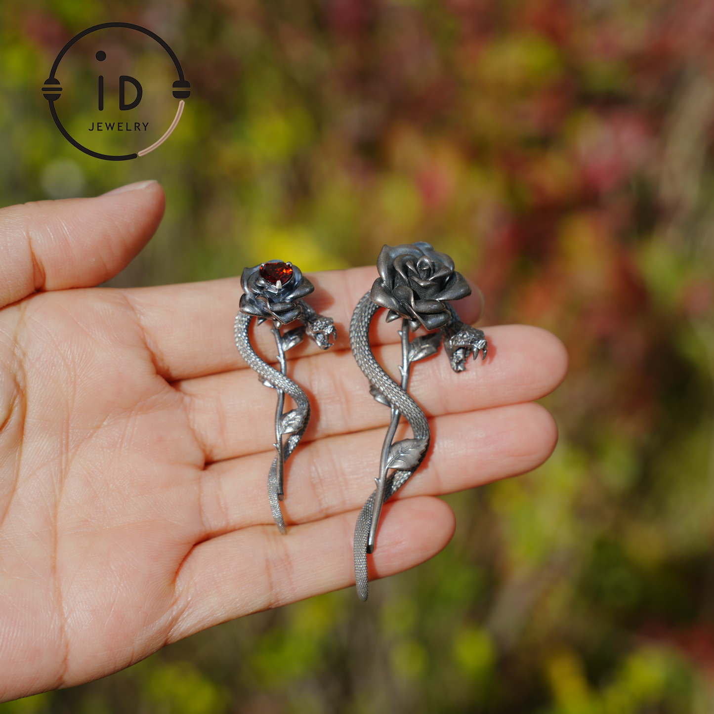 Heart Shaped Garnet Snake Pendant in 925 Sterling Silver with Rose Design, Gothic Vintage Style, Gift for Her, Dark Symbolic Jewelry