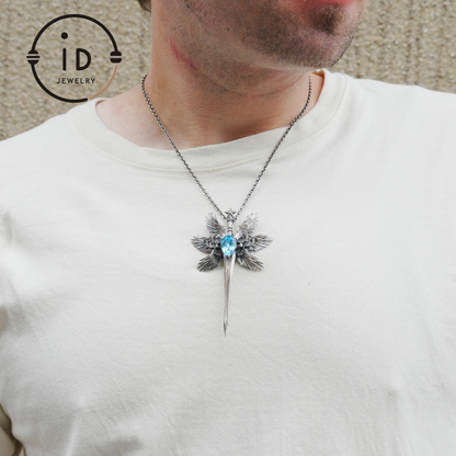 Handmade brooch & pendant with Swiss Blue Topaz, sword-wing design, oxidized 925 silver, gothic style, gift for her