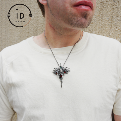 Handmade Gothic Pendant with Snake Head, Garnet & Green Chrysoprase, Oxidized 925 Silver, Vintage Style Gift for Her