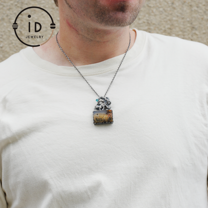 925 Silver Pendant with One-of-a-Kind Moss Agate, Oxidized Totem Animal Necklace, Nature Talisman Jewelry, Unique Gift for Her