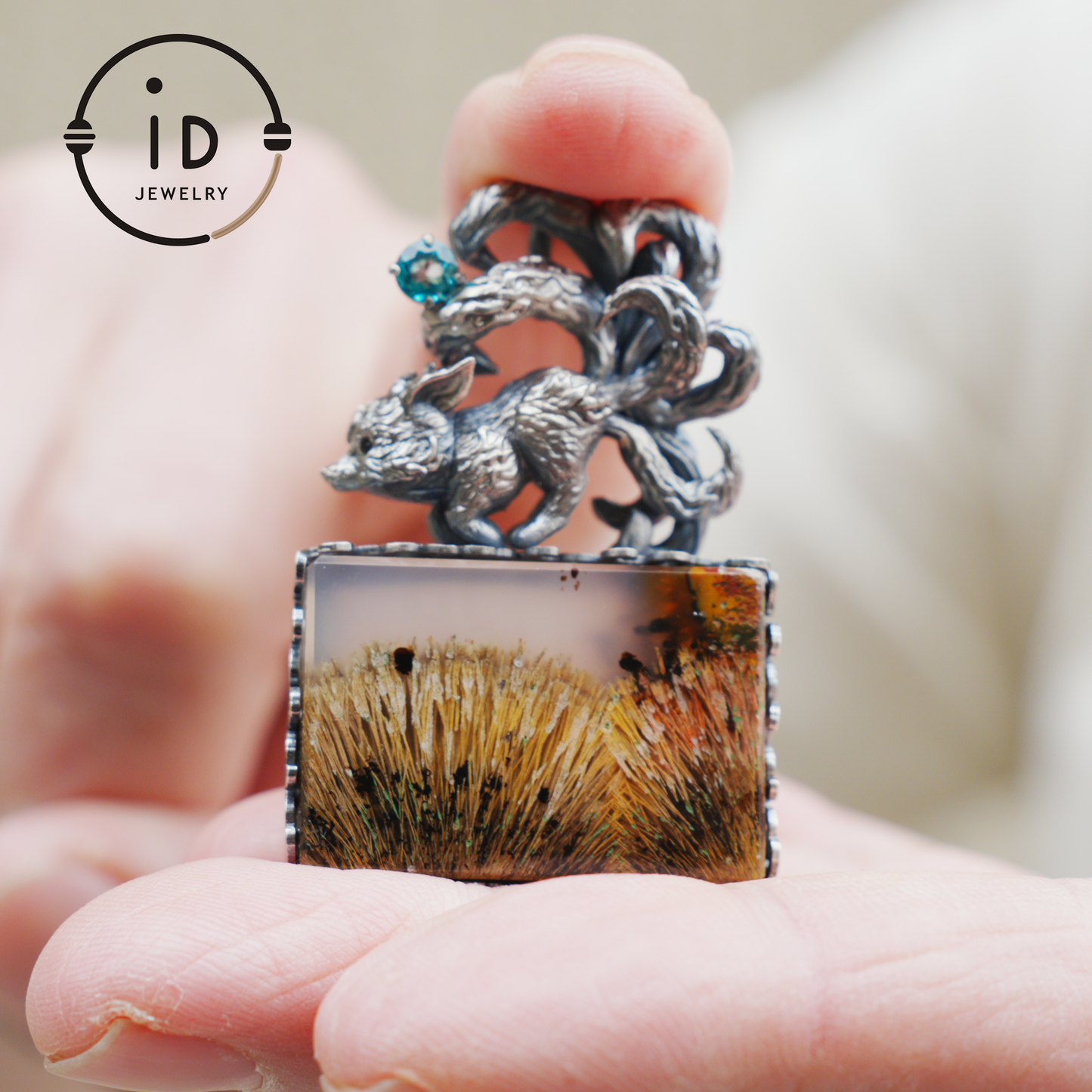 925 Silver Pendant with One-of-a-Kind Moss Agate, Oxidized Totem Animal Necklace, Nature Talisman Jewelry, Unique Gift for Her