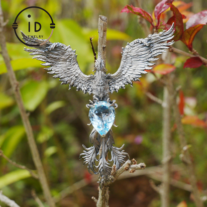 Handgefertigte Phönix-Halskette mit Aquamarin | Mystisches Symbol | Vintage Fantasy Schmuck 