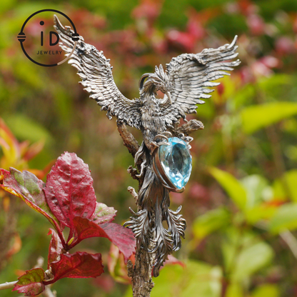 Handgefertigte Phönix-Halskette mit Aquamarin | Mystisches Symbol | Vintage Fantasy Schmuck 