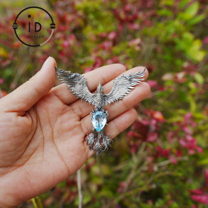 Handgefertigte Phönix-Halskette mit Aquamarin | Mystisches Symbol | Vintage Fantasy Schmuck 