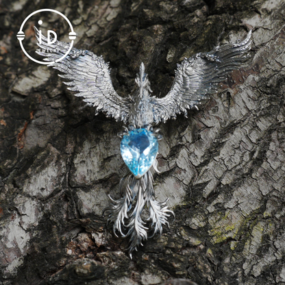 Handgefertigte Phönix-Halskette mit Aquamarin | Mystisches Symbol | Vintage Fantasy Schmuck 