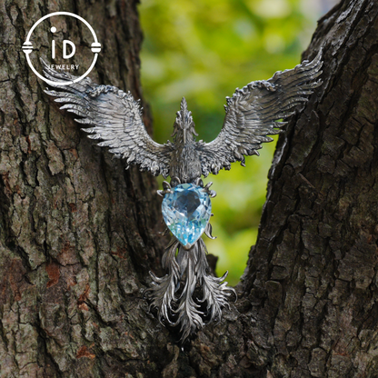 Handgefertigte Phönix-Halskette mit Aquamarin | Mystisches Symbol | Vintage Fantasy Schmuck 