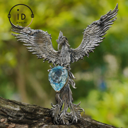 Handgefertigte Phönix-Halskette mit Aquamarin | Mystisches Symbol | Vintage Fantasy Schmuck 