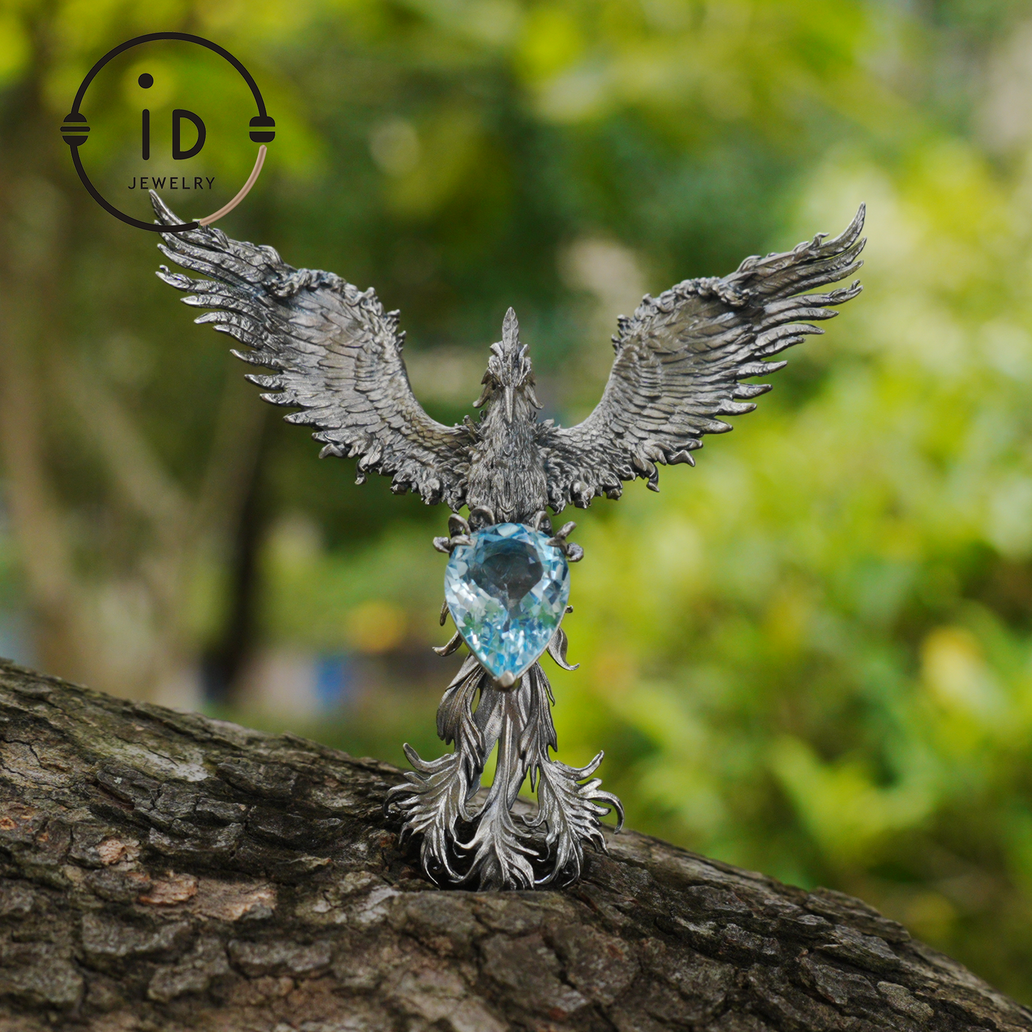 Handgefertigte Phönix-Halskette mit Aquamarin | Mystisches Symbol | Vintage Fantasy Schmuck 
