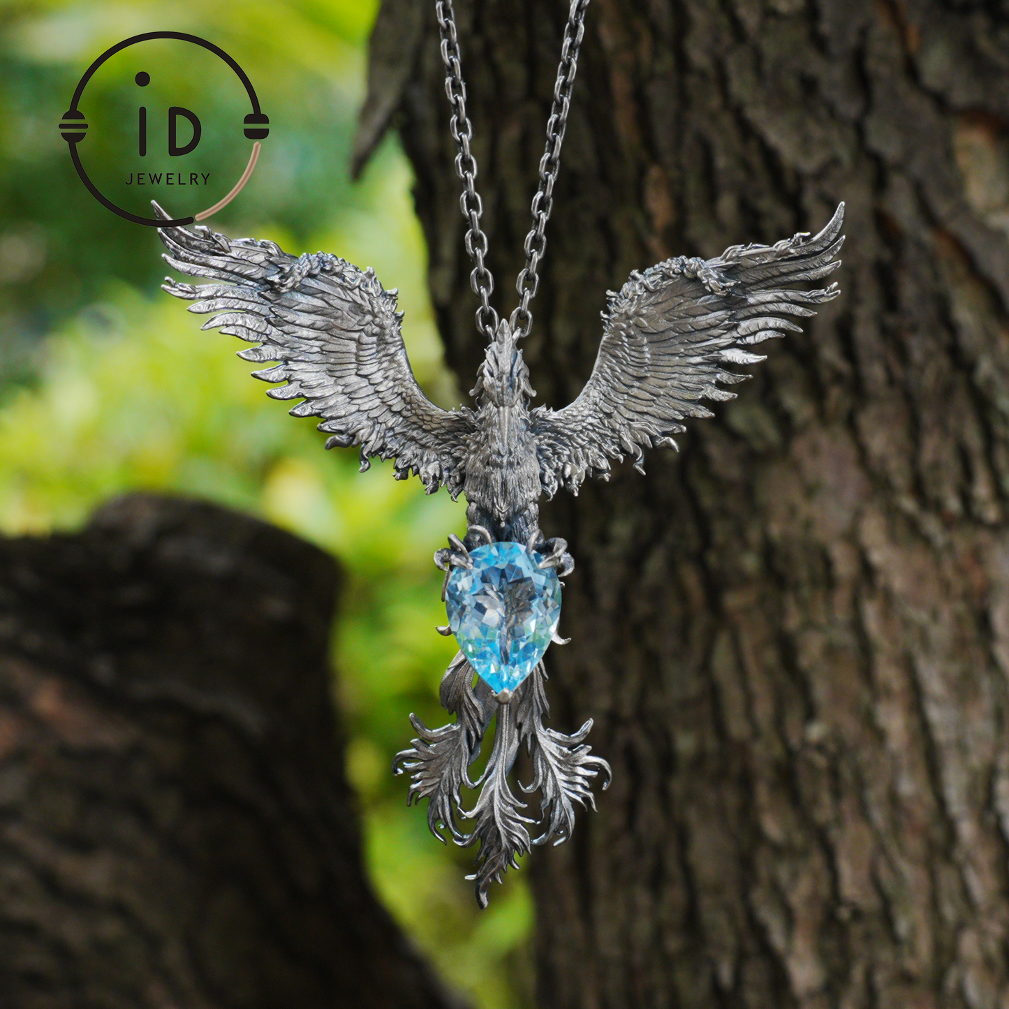 Handgefertigte Phönix-Halskette mit Aquamarin | Mystisches Symbol | Vintage Fantasy Schmuck 
