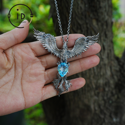 Handgefertigte Phönix-Halskette mit Aquamarin | Mystisches Symbol | Vintage Fantasy Schmuck 