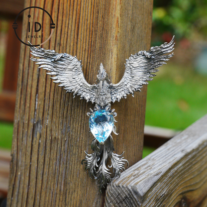 Handgefertigte Phönix-Halskette mit Aquamarin | Mystisches Symbol | Vintage Fantasy Schmuck 