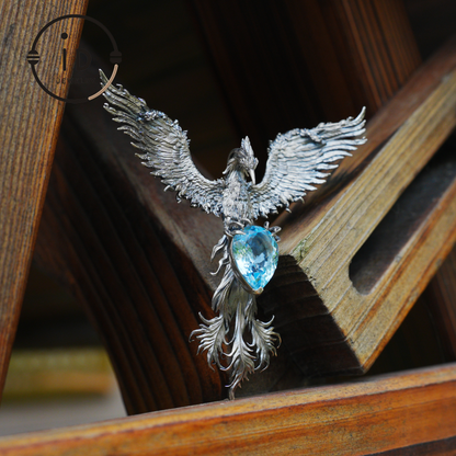 Handgefertigte Phönix-Halskette mit Aquamarin | Mystisches Symbol | Vintage Fantasy Schmuck 